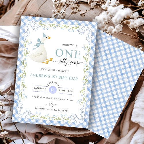 Blue Gingham Floral One Silly Goose 1st Birthday