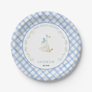 Blue Gingham Floral One Silly Goose 1st Birthday Paper Plates