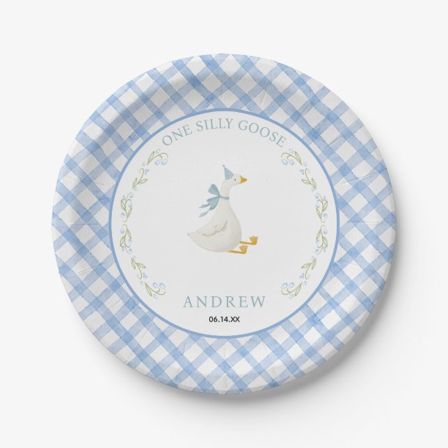 Blue Gingham Floral One Silly Goose 1st Birthday Paper Plates (Front)