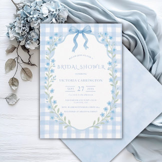Blue Gingham Floral Vintage Bridal Shower Invitation