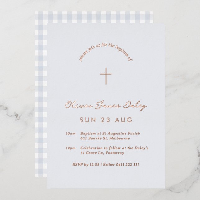 Blue Gingham Foil Baptism Christening Invitation Foil Invitation (Front/Back)