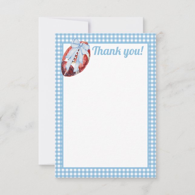 Blue Gingham Football Thank You Card (Front)