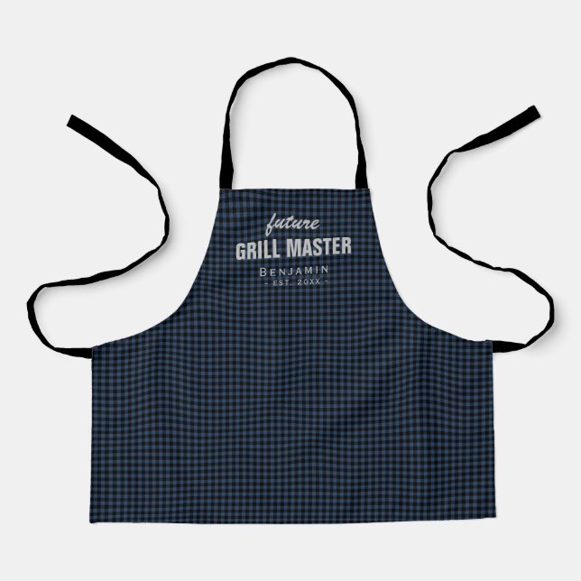 Blue gingham future grill master personalized apron (Front)