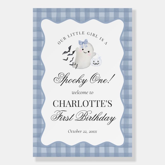 Blue Gingham Ghost Spooky One 1st Birthday Welcome Foam Board (Front)