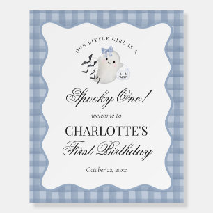Blue Gingham Ghost Spooky One 1st Birthday Welcome Foam Board
