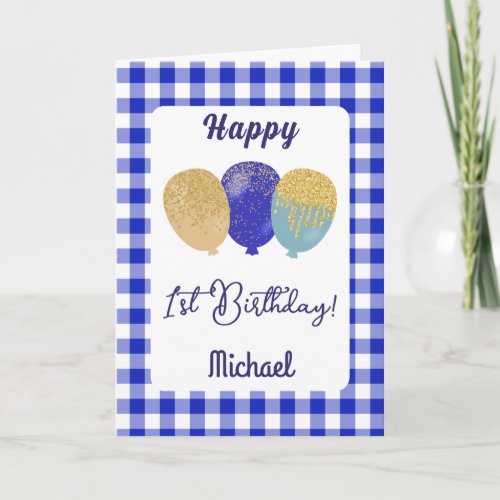 Blue Gingham  Glitter Balloons 1st Birthday Card