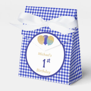 Blue Gingham Glitter Balloons Custom 3 Photos Favor Boxes