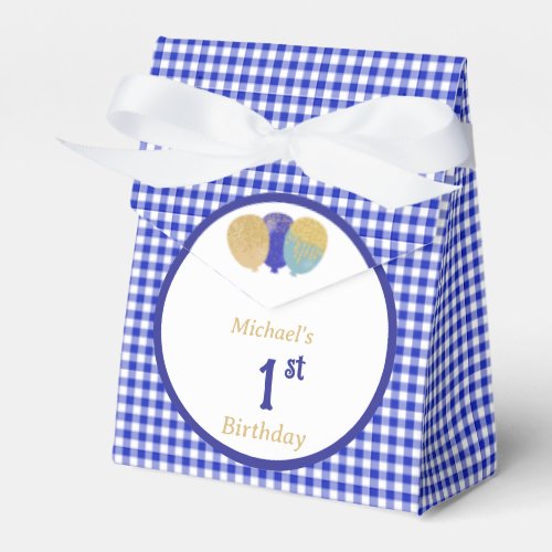 Blue Gingham Glitter Balloons Custom 3 Photos Favor Boxes