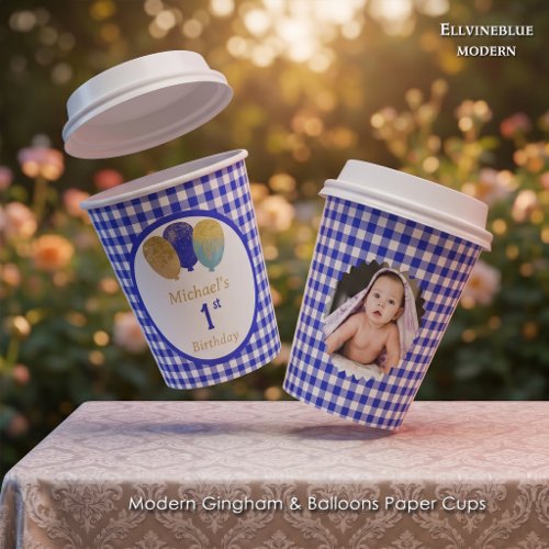 Blue Gingham Glitter Balloons & Photo Birthday Paper Cups