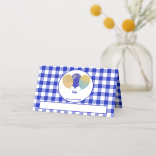 Blue Gingham Glitter Blue Party Balloons Birthday Place Card