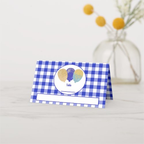 Blue Gingham Glitter Blue Party Balloons Birthday Place Card
