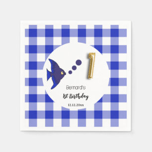 Blue Gingham Gold Foil Balloon Fish 1st Birthday Napkins