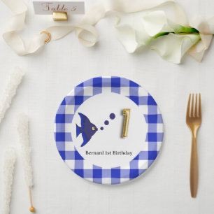 Blue Gingham Gold Foil Balloon Fish 1st Birthday Paper Plates