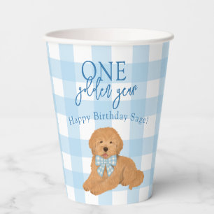 Blue Gingham Golden Doodle One Golden Year Paper Cups