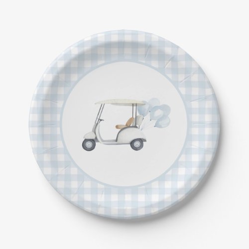 Blue Gingham Golf Baby Shower Paper Plates