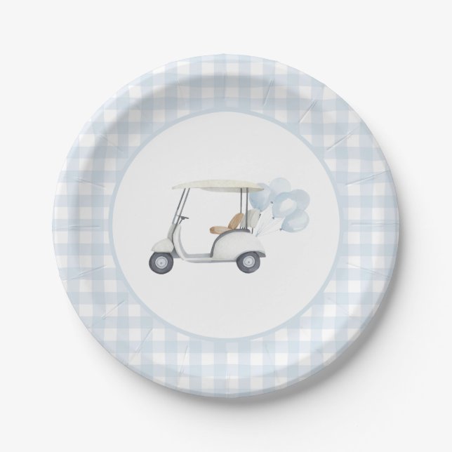 Blue Gingham Golf Baby Shower Paper Plates (Front)