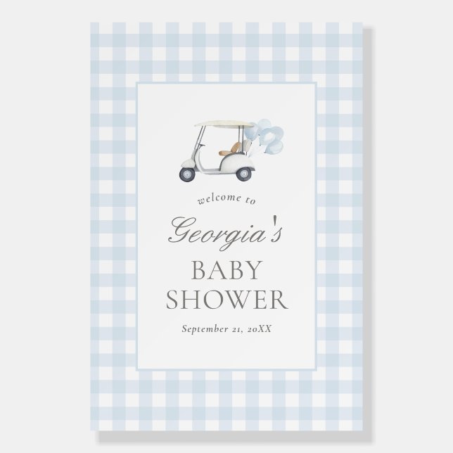 Blue Gingham Golf Baby Shower Welcome Sign (Front)