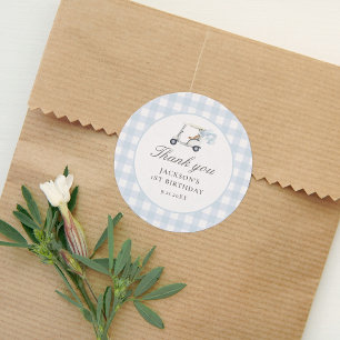 Blue Gingham Golf Birthday Classic Round Sticker