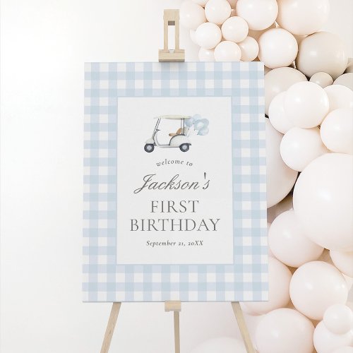 Blue Gingham Golf Birthday Welcome Sign