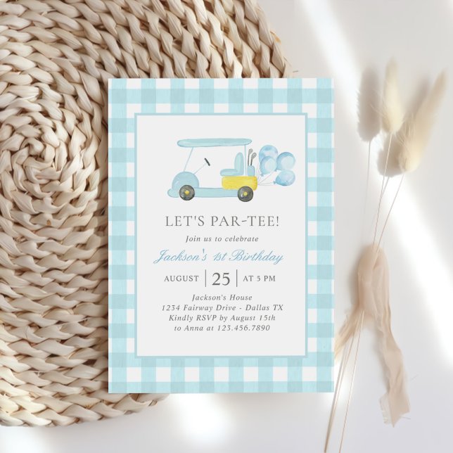 Blue Gingham Golf Boy 1st Birthday Invitation (Creator Uploaded)