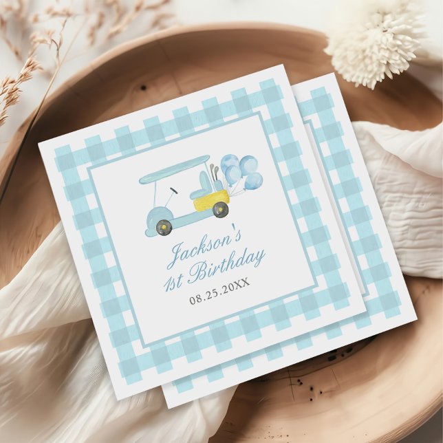 Blue Gingham Golf Boy 1st Birthday Napkins (Creator Uploaded)