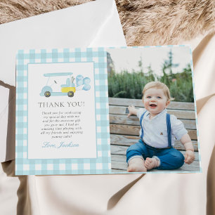 Blue Gingham Golf Boy 1st Birthday Photo Thank You Card