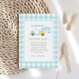 Blue Gingham Golf Boy 1st Birthday Thank You Card