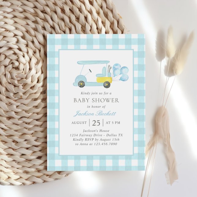 Blue Gingham Golf Boy Baby Shower Invitation (Creator Uploaded)