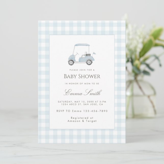 Blue Gingham Golf Cart Baby Shower Invitation (Standing Front)