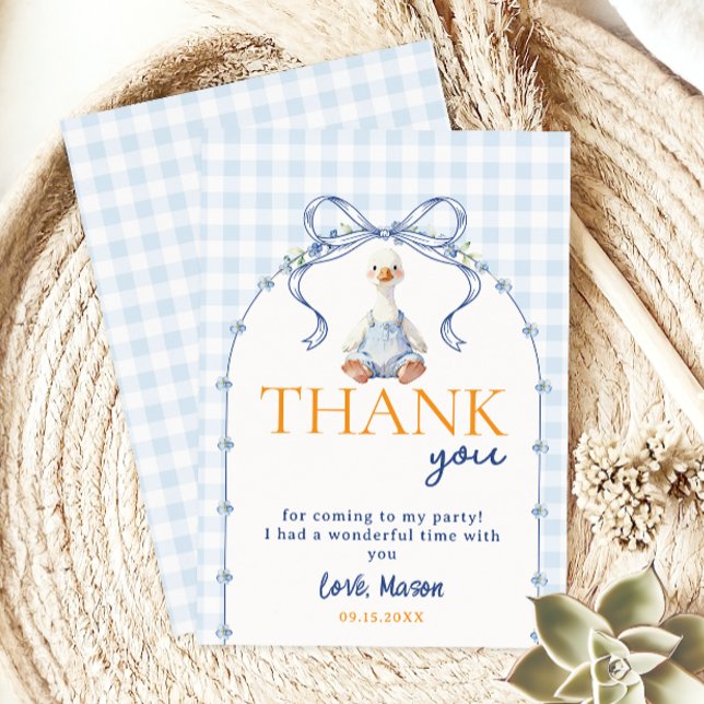 Blue Gingham Goose Boy First Birthday Thank You Ca Card (Creator Uploaded)