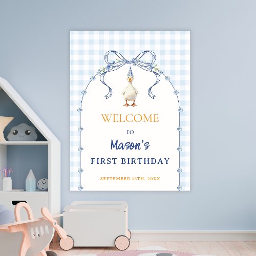 Blue Gingham Goose Boy First Birthday Welcome Poster