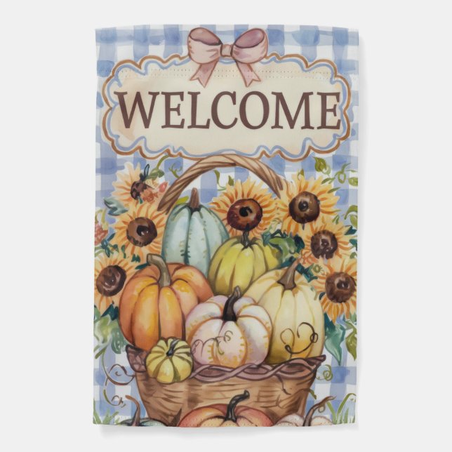 Blue Gingham Harvest Welcome Garden Flag (Front)