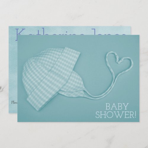 Blue gingham hat heart baby boy shower invitation