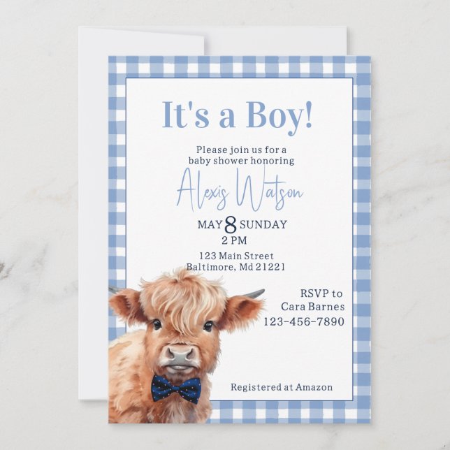 Blue gingham highland cow baby shower invitation (Front)
