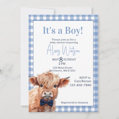 Blue gingham highland cow baby shower invitation