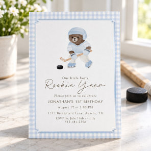 Blue Gingham Hockey Rookie Year Teddy Bear 1st  Invitation
