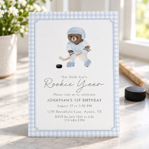 Blue Gingham Hockey Rookie Year Teddy Bear 1st Invitation