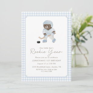 Blue Gingham Hockey Rookie Year Teddy Bear 1st  Invitation