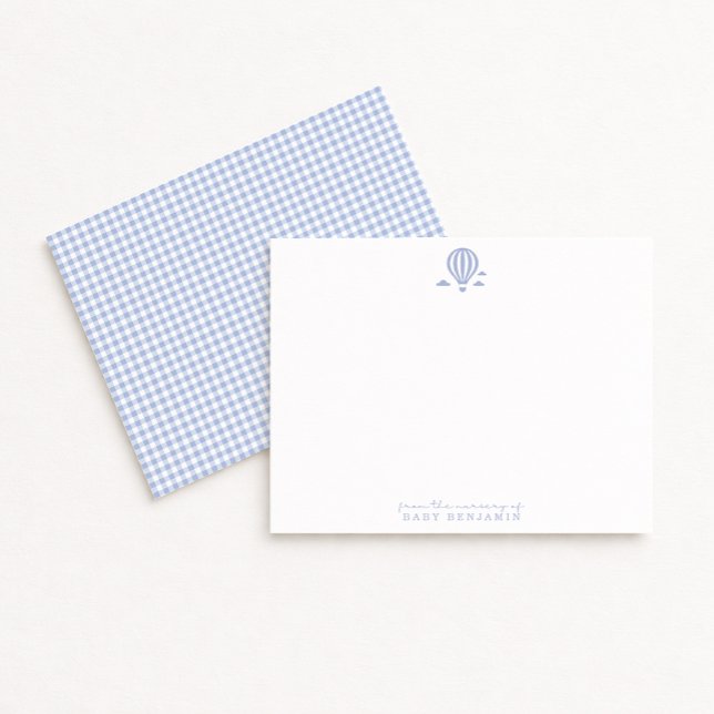 Blue Gingham Hot Air Balloon Nursery Note Card (Creator Uploaded)