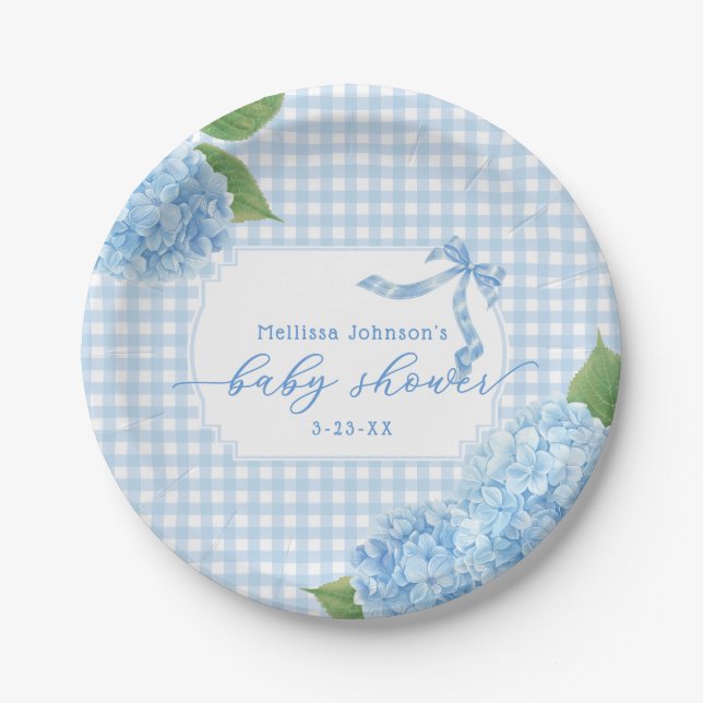 Blue Gingham Hydrangea Boy Baby Shower Paper Plates (Front)