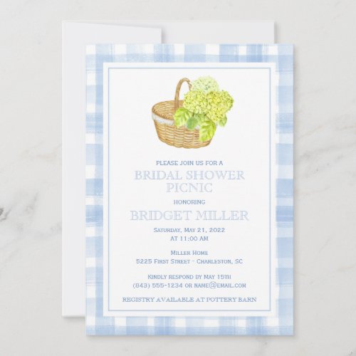Blue Gingham Hydrangea Flower Basket Invitation