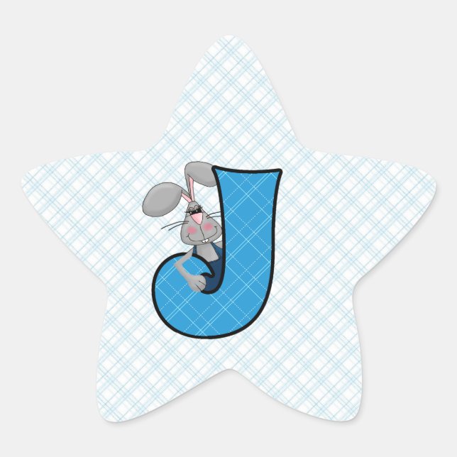 Blue Gingham Jackrabbit Monogram Letter J Star Sticker (Front)