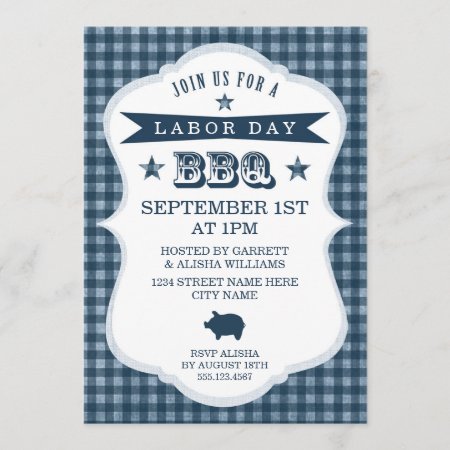 Blue Gingham Labor Day Barbecue Invitation