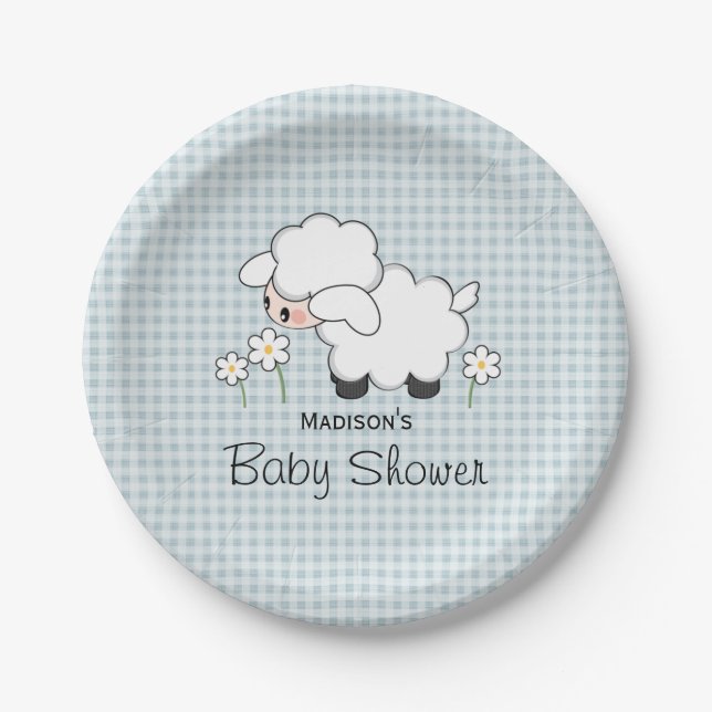 Blue Gingham Lamb Baby Boy Shower Paper Plates (Front)