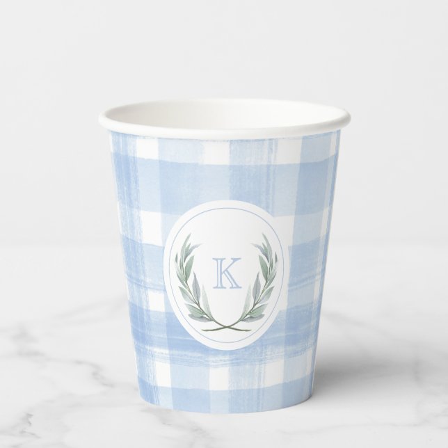 Blue Gingham Laurel Crest Paper Cups (Back)
