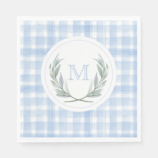 Blue Gingham Laurel Crest Paper  Napkins (Front)