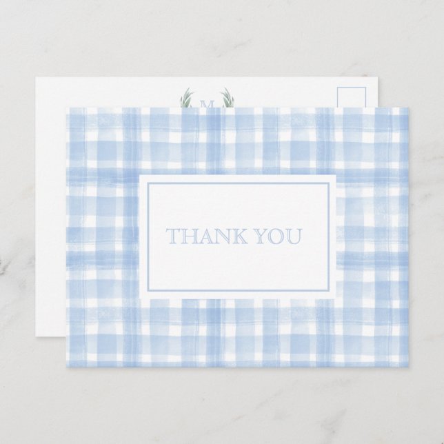 Blue Gingham Laurel Crest Thank You Postcard (Front/Back)