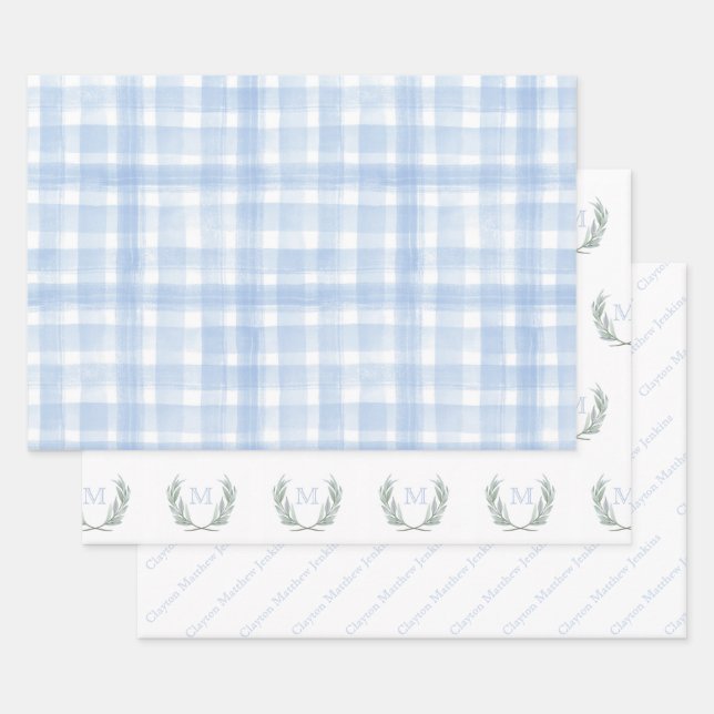 Blue Gingham Laurel Crest Wrapping Paper Sheets (Set)
