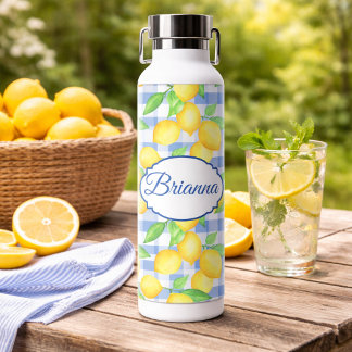 Blue Gingham Lemon Name Picnic Style  Water Bottle
