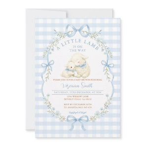 Blue Gingham Little Lamb Baby Shower Invitation
